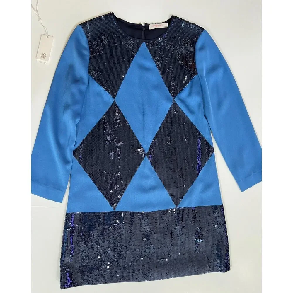 Tory Burch Lantilly Evening Blue Sequin Shift Tunic Dress Sz 10 NWT $795